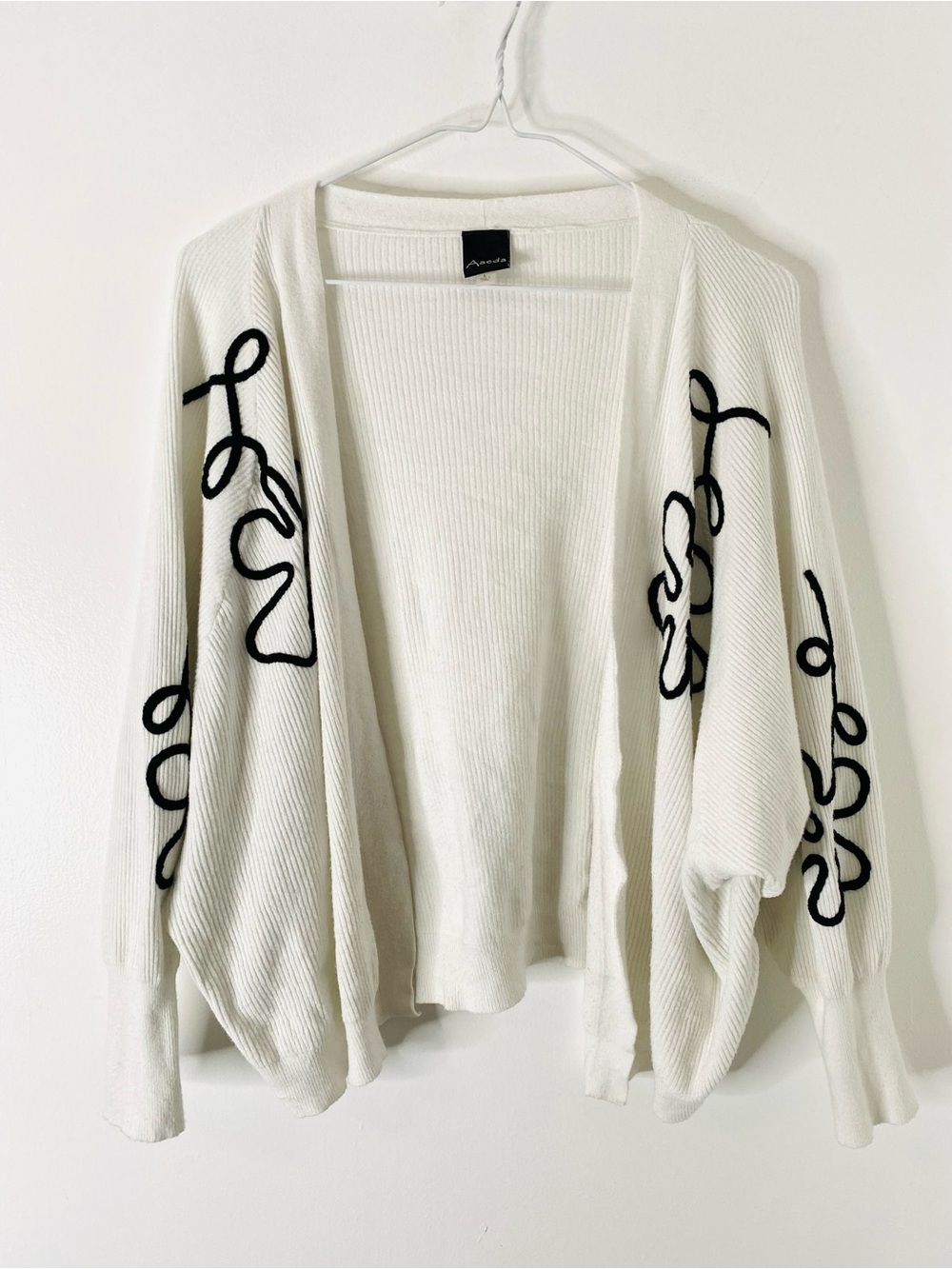 Aaeda Ivory Ribbed Open Front Cardigan Black Floral Embroidery Oversized
